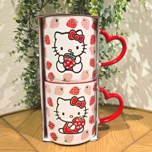 Limited Edition: Hello Kitty Set of 2 Large Strawberry-Themed Mugs Heart Handles